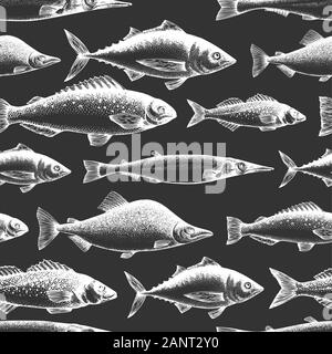 Fish seamless pattern. Hand drawn vector fishes illustration on chalk board. Engraved style. Retro different kinds of fish background. Stock Vector