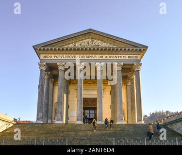 Neoclassical façade and entrance staircase of the Church of Gran Madre di Dio in Borgo Po district with people and tourists, Turin, Piedmont, Italy