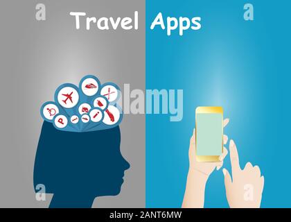 Travel information in head versus smart phone application concept vector ready for your use. All potential trademarks are removed. Stock Vector