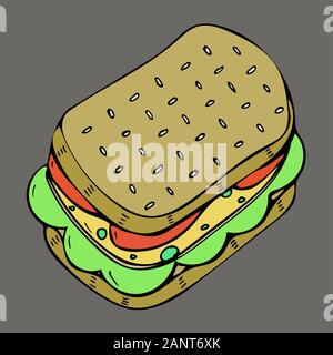 Vector illustration of sandwich with tomato and cheese, isolated on a gray background Stock Vector