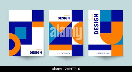 Bauhaus geometric minimal poster, modern cover for booklet, brochure, vector flat color template, blue and white swiss pattern Stock Vector