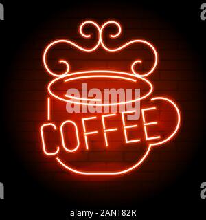 Neon Coffee Mug On A Brick Wall . Sign For Cafes, Restaurants, Bars, Pubs. Stock Vector