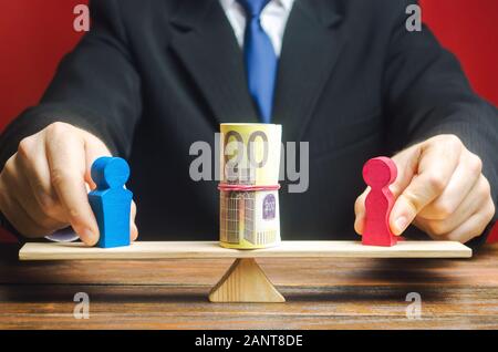The businessman puts the figure of a man and a woman on the scales with money. Concept of gender pay gap. Income inequality. Oppression of women. Gend Stock Photo
