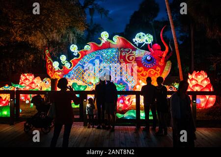 Sanford, Fla/USA - Dec 29, 2019: The Asian Lantern Festival, Into the Wild, at the Central Florida Zoo & Botanical Gardens featured over 30 LED lanter Stock Photo