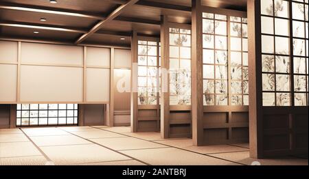 Paper window wooden design on Empty room white on wooden floor japanese interior design.3D rendering Stock Photo
