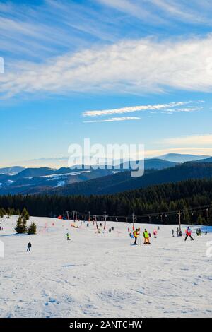 Arena Platos is located in the Cindrel mountains at an altitude of 1400 m, on the Poiana Poplacii plateau, 30 km from Sibiu and 1 km from Paltinis Stock Photo