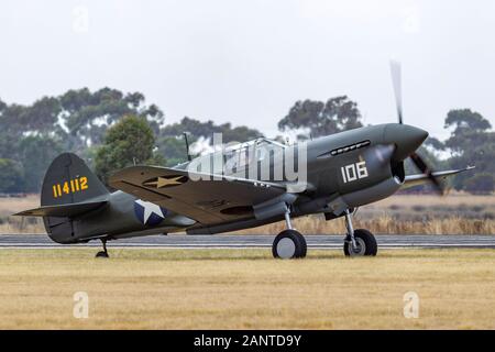 Curtiss P-40F Kittyhawk fighter aircraft VH-HWK (41-14112) that served with the 44th fighter squadron, 18th fighter group of the US Army Air Corps  at Stock Photo