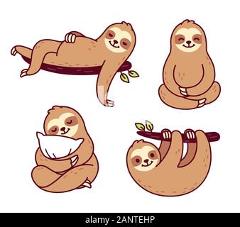 Cute cartoon sloth character drawing set. Hanging from tree branch, sitting, hugging pillow. Funny lazy animal, sleepy sloth hand drawn vector clip ar Stock Vector
