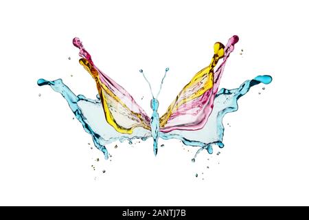 Colorful butterfly formed with colorful liquid splashes. Isolated on white background. Stock Photo