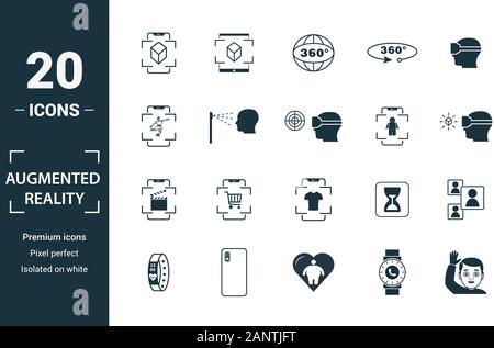Ar And Vr icon set. Include creative elements augmented reality, 360 view, face recognition, augmented reality glasses, shopping icons. Can be used Stock Vector