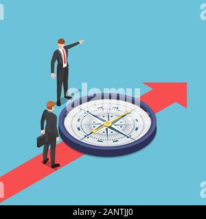 Flat 3d isometric businessman with compass advice his partner to go the right way. Business consultant concept. Stock Vector