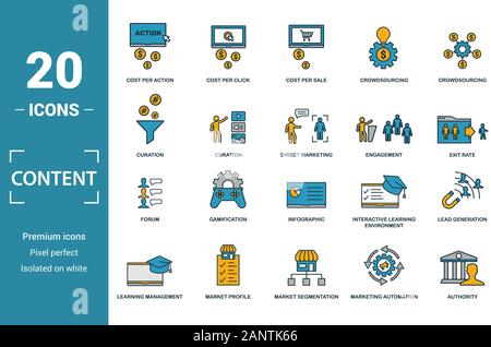 Content icon set. Include creative elements cost per click, crowdsourcing, curation, exit rate, gamification icons. Can be used for report Stock Vector