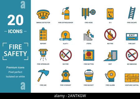 Fire Safety icon set. Include creative elements smoke detector, fire hose, report, no fire, fire sprinkler icons. Can be used for report, presentation Stock Vector