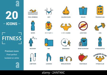 Fitness icon set. Include creative elements pool swimming, calories burn, water, junk food, recovery icons. Can be used for report, presentation Stock Vector