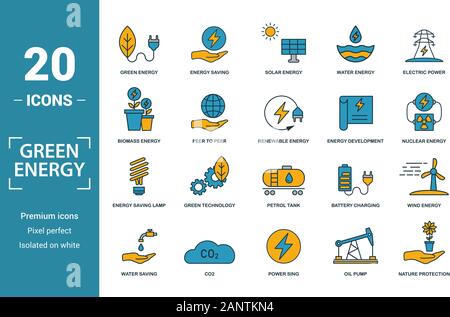 Power And Energy icon set. Include creative elements green energy, solar energy, biomass, energy development, energy saving lamp icons. Can be used Stock Vector