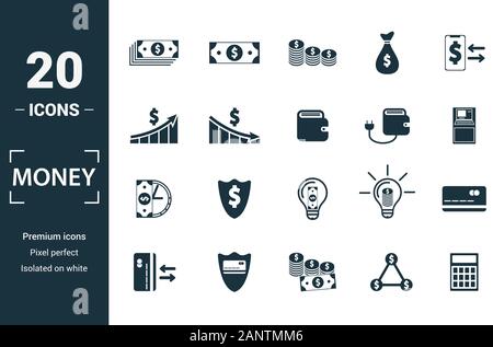 Money icon set. Include creative elements money notes, coins, money graphic up, wallet charge, money time icons. Can be used for report, presentation Stock Vector