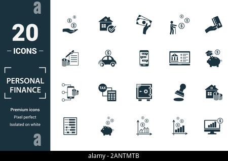 Personal Finance icon set. Include creative elements personal income, personal loan, budgeting, online banking, digital wallet icons. Can be used for Stock Vector