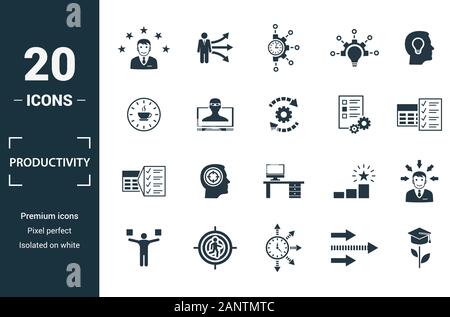 Productivity icon set. Include creative elements skill, time management, coffee break, work plan, daily tasks icons. Can be used for report Stock Vector
