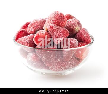 Frozen strawberries in glass bowl isolated on white background Stock Photo