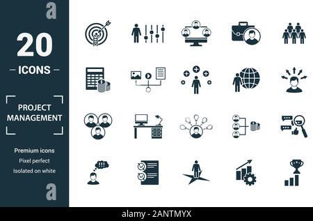 Project Management icon set. Include creative elements goal seeking, virtual team, budget, global management, team cohesion icons. Can be used for Stock Vector
