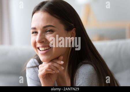 Head shot portrait happy beautiful girl with healthy toothy smile Stock Photo