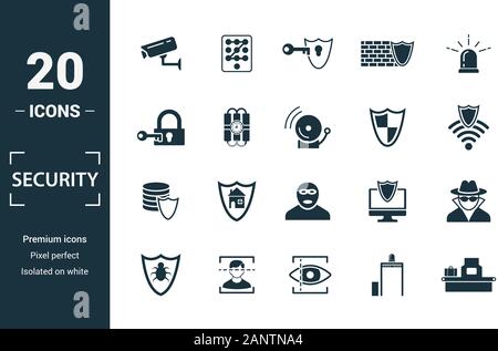 Security icon set. Include creative elements security camera, deffense, lock, protection, data protection icons. Can be used for report, presentation Stock Vector