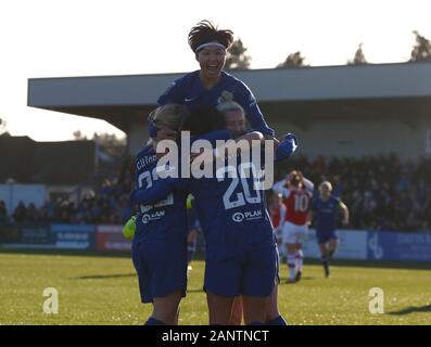 Boreham Wood, UK. 19th Jan, 2020. BOREHAMWOOD, ENGLAND - JANUARY 19: Chelsea Ladies Sam Kerr celebrates her goalduring Barclays Women's Super League match between Arsenal Women and Chelsea Women at Meadow Park Stadium on January 19, 2020 in Borehamwood, England Credit: Action Foto Sport/Alamy Live News Stock Photo