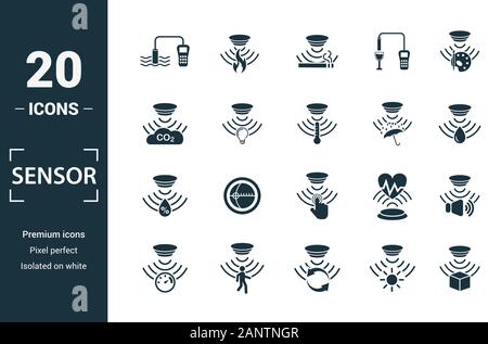 Sensor icon set. Include creative elements water quality sensor, smoke detector, gas, rain sensor, humidity sensor icons. Can be used for report Stock Vector