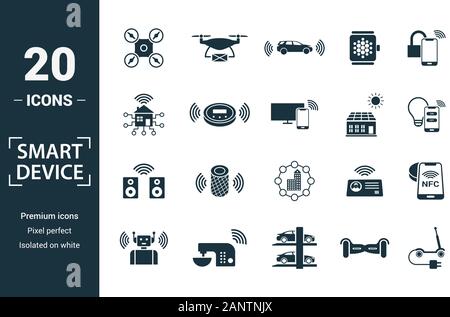 Smart Devices icon set. Include creative elements drone, smart car, smart house, solar battery roof, smart speaker icons. Can be used for report Stock Vector