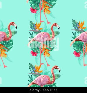 Pink flamingos, exotic birds, tropical palm leaves, trees, jungle leaves seamless floral pattern background Stock Vector