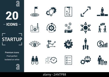 Startup icon set. Include creative elements goal, business plan, prototype, business incubator, vision icons. Can be used for report, presentation Stock Vector
