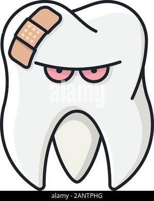Annoyedly looking tooth with band aid vector glyph icon. Toothache and ...