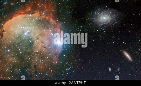 Cosmic landscape  with nebula, stardust, spigal galaxy and bright shining stars