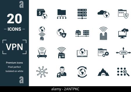 Vpn icon set. Include creative elements , archiving, site security, home server, cloud storage hacking icons. Can be used for report, presentation Stock Vector