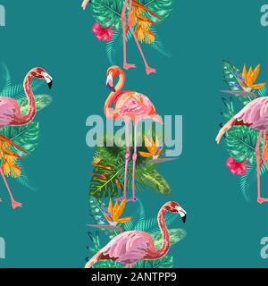 Pink flamingos, exotic birds, tropical palm leaves, trees, jungle leaves seamless floral pattern background Stock Vector