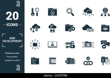 Web Development icon set. Include creative elements key search, seo, cloud storage, cloud management, network connection icons. Can be used for report Stock Vector