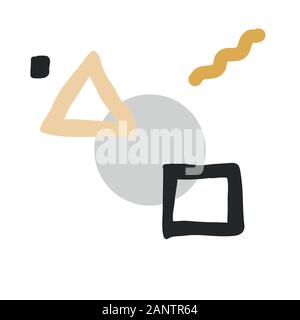 Simple modern geometric forms on white background. Contemporary triangle, square, circle,dot and line in black, white and yellow colors. Modern naive Stock Vector