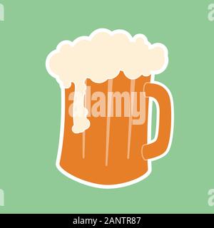 Modern beer mug with foam on pastel green background, flat illustration. Happy Saint Patricks day. Simple Hand drawn vector. Beer in glass sticker, em Stock Vector