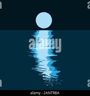 Full moon and moonlight on water waves in dark night, simple modern flat illustration. Blue full moon and light on waves, marine horizon. Modern Hand Stock Vector