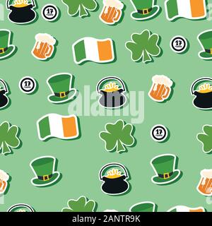 Happy Saint Patrick day seamless pattern. Modern Patricks hat, clover, cauldron with coins, beer with foam, ireland flag, 17 march calligraphy Stock Vector