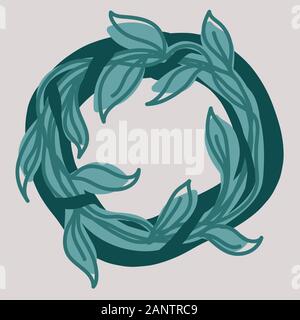Green wreath isolated on white background. Modern Hand drawn vector illustration. Simple abstract green lines and leaves in circle  wreath Stock Vector