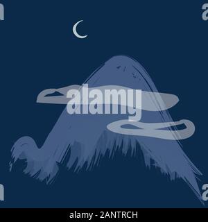 Mountain in clouds and moon in night sky. Modern Hand drawn vector illustration. Wanderlust and travel concept. Top of snowy mountain in fog and moon Stock Vector