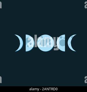 Moon phases in dark night, simple modern flat illustration. Blue full moon and crescent moon on dark background. Modern Hand drawn vector illustration Stock Vector