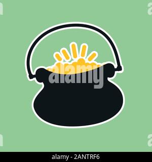 Modern leprechaun pot with gold coins on pastel green background, flat illustration. Happy Saint Patricks day. Simple Hand drawn vector illustration. Stock Vector