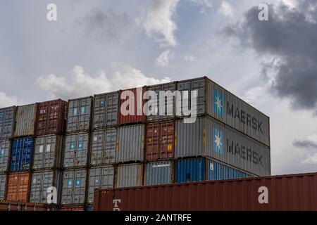 Editorial 09.01.2019 Kristiansand Norway Containers stored in the port while waiting for transport to the next place Stock Photo