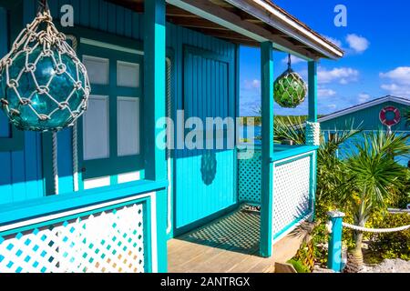 Colorful tropical cabana or shelter on the beach of Half Moon Cay Stock Photo