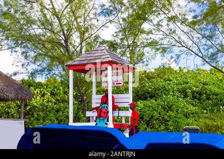 Half Moon Cay, Bahamas - December 02, 2019: Colorful lifeguard station at the beach Stock Photo