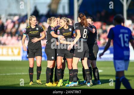 Birmingham, UK. 19th January 2020. Man City celebrate their second goal in the first half against Birmingham City, after Keira Walsh scores. BCFC 0 - 2 Man City. Peter Lopeman/Alamy Live News
