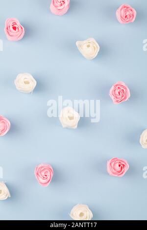pattern with pink and white bright roses on blue background. Flat lay, top view, view from above Stock Photo