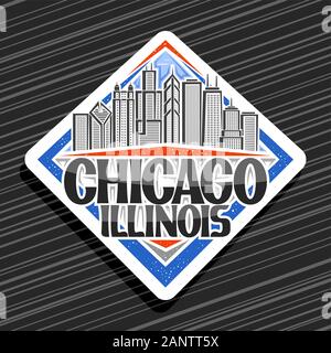 Vector logo for Chicago, white decorative signboard with line illustration of chicago cityscape, tourist fridge magnet with original typeface for word Stock Vector
